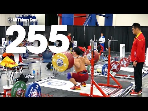Tian Tao 255kg x4 Squat 2015 World Weightlifting Championships Training Hall