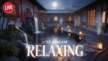 🌙 Live: Japanese Courtyard at Night  Relaxing Waterfall, Koi Pond & Lantern Glow for Sleep