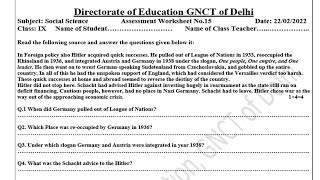 Social Science Assessment Worksheet 15 Class 9(22/2/22) English Medium | Assessment Worksheet 15 sst