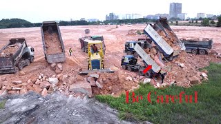 Amazing Skill Bulldozer KOMATSU Pushing Big Rock to Filling the Land and Many Dump Trucks Uploading