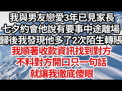 我與男友戀愛3年已見家長，七夕約會他說有要緊事中途離場，歸後我發現他多了2次陌生轉賬，我順著收款資訊找到對方，不料對方開口只一句話， 就讓我徹底傻眼【倫理】【都市】