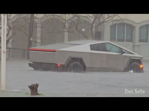 Tesla Cybertruck drives through flooded New Orleans street