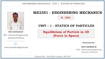 ME3351 - Engineering Mechanics |Unit 1| Lec 06(Part 1)- Equilibrium of Particle in 3D |Vector method