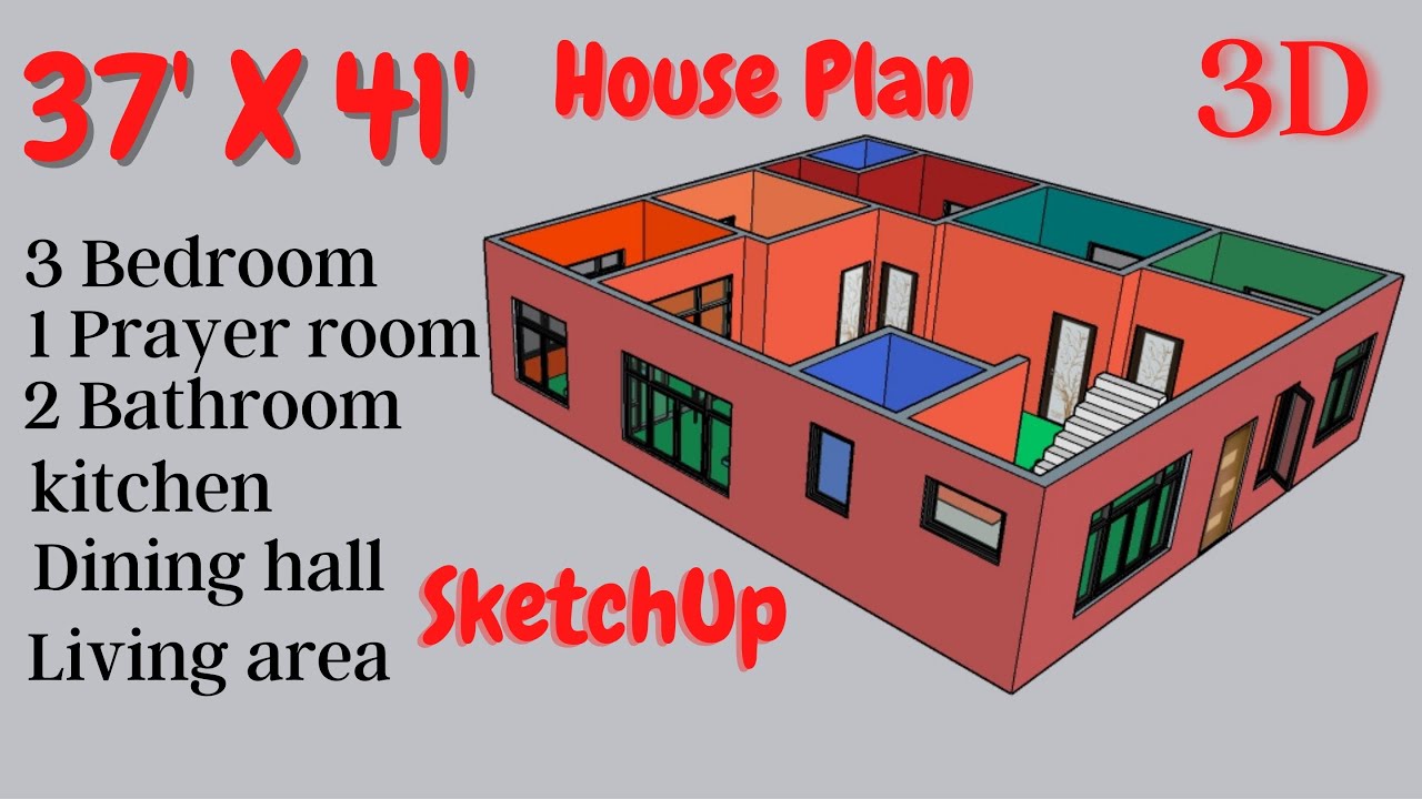 37 X 41 House Plan 3 Bedroom 1 Prayer room  2 Bathroom kitchen dining and visitors area stair Sketch