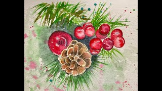 Christmas Pinecone and Bulbs | Christmas Card Series | Christmas Watercolor