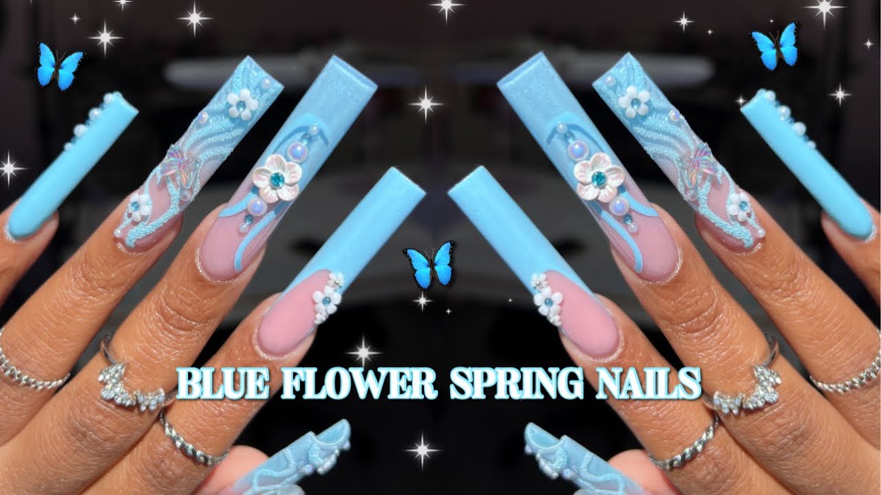 BABY BLUE FLOWER AND BUTTERFLY SPRING NAILS ACRYLIC OMBRE NAIL HACK