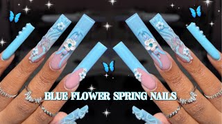 Baby Blue Flower And Butterfly Spring Nails | Acrylic Ombre Nail Hack On Xl Nails | Nail Inspo