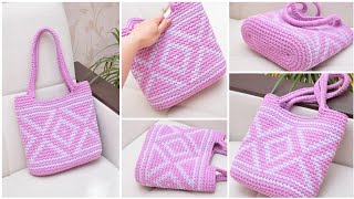 Crochet a bag with a Jacquard pattern T-shirt yarn Crochet Bag Crochet Tote bag