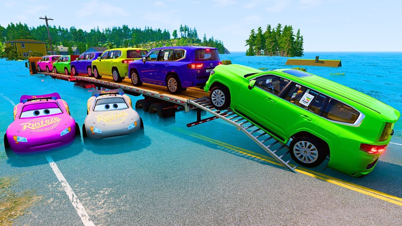 TRANSPORTING PIXAR CARS & FRUITS WITH COLORED & JOHN DEERE vs CLAAS vs TRACTORS - BeamNG.drive 