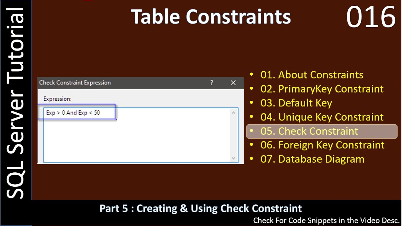Constraints | Part 5 - Check Constraints | SSMS TSQL Tutorial #016 ...