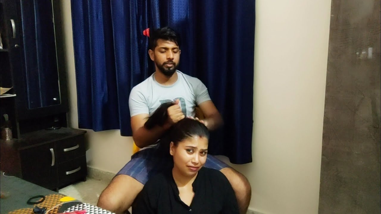 Hair oiling with husband, Hair pulling head massage hair styling with husband, 