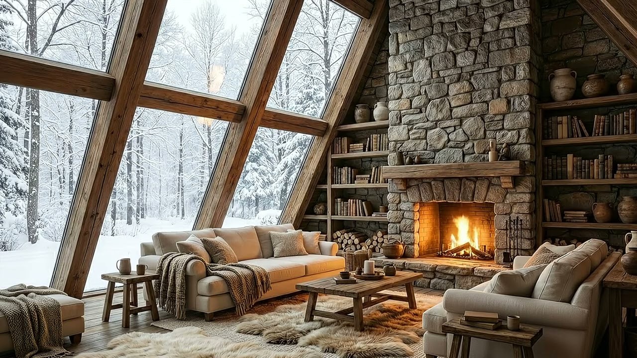 Cozy Winter Cabin Fireplace Ambience ❄️🔥 Snowy Forest & Peaceful Jazz for Relaxing, Study & Sleep