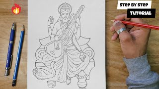 How To Draw Saraswati Mata Outline Drawing Step By Step Tutorial @AjArts03