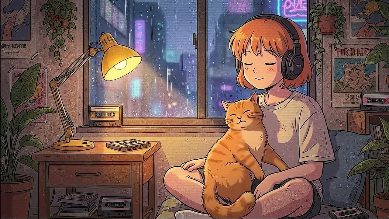4 Hours of LOFI Music to Help You RELAX with Girl, Cat, and Rain