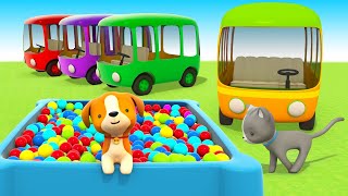 Aprender colores con los Autobuses infantiles. Vehículos de servicio. Dibujos animados.