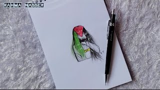 رسم سهل | رسم فتاه فلسطينيه حزينه بالقلم الرصاص من (سلسلة الرسومات التعبيريه_Expressive drawing)
