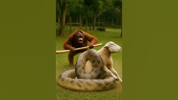 A brave orangutan raises a stick and charges at the giant python coiled around the sheep! ⚡ #snake