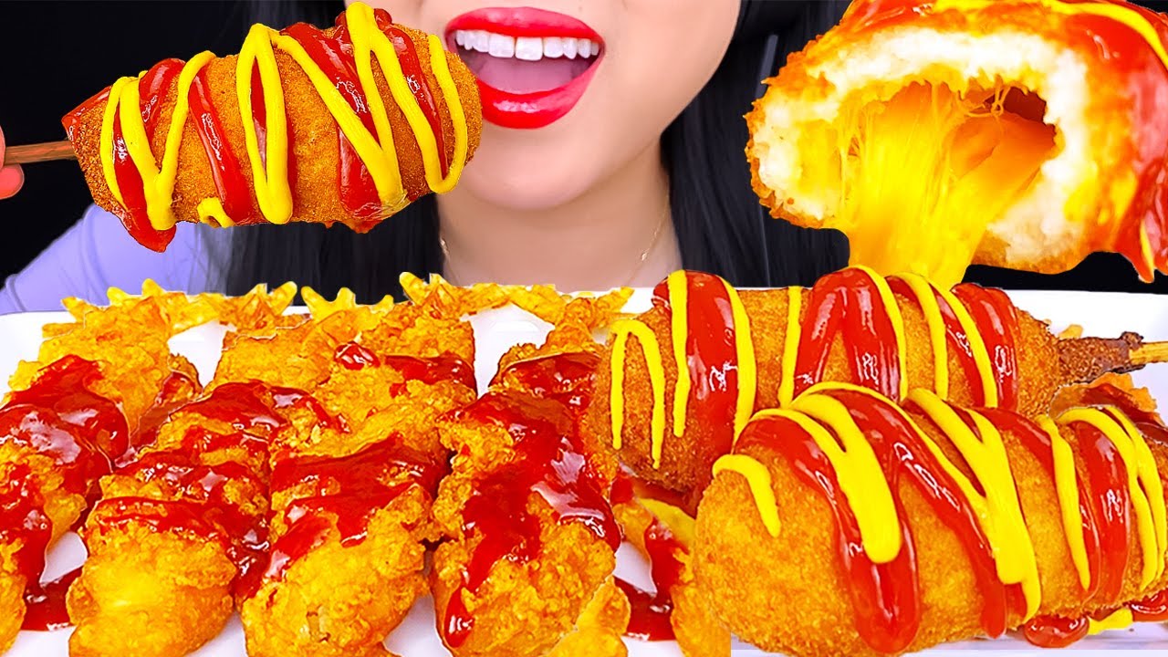 ASMR CHEESY CORN DOG & FRIED SHRIMP SEAFOOD in FIRE SAUCE | NO TALKING MUKBANG | ASMR Phan