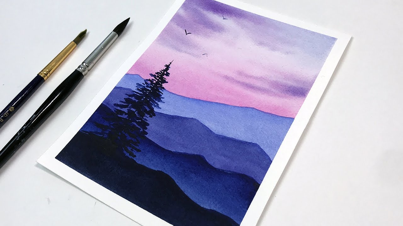 Watercolor Tutorial For Beginners Step by Step, Purple Sunset