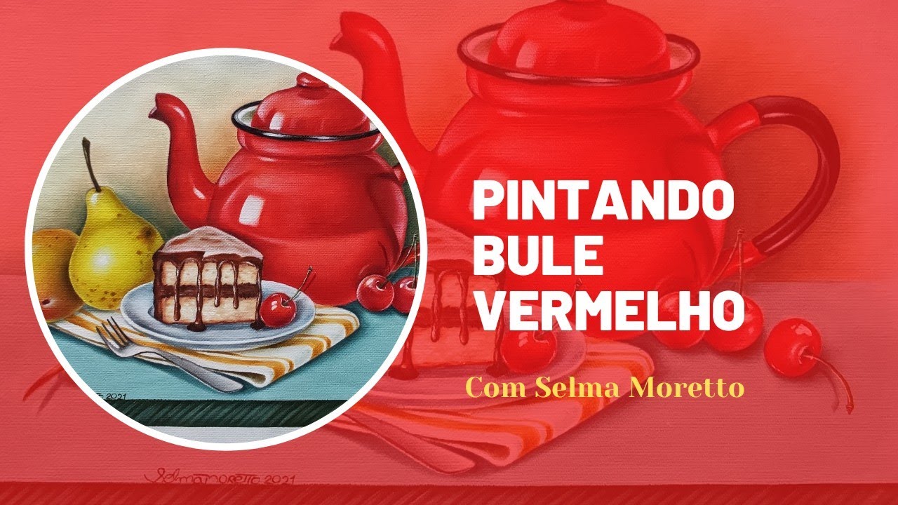 pintando bule vermelho, peras e bolo