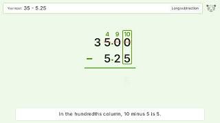 Long Subtraction Problem 35-5.25: Step-by-Step Video Solution