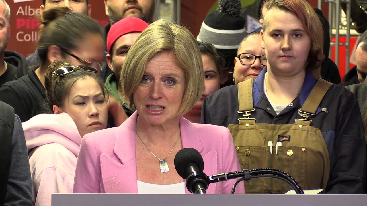 Premier Notley address pipeline conflict with BC at trades college