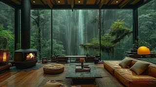 Cozy Forest Living Room Ambience with Soothing Waterfall   Rain Sounds For Meditation, Deep Sleep