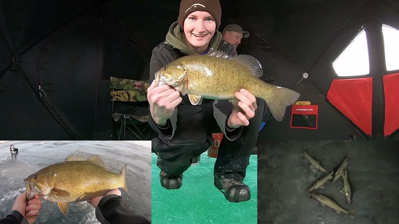 Ice Fishing BIG Smallmouth Bass & Walleyes (Lake Audubon) YouTube