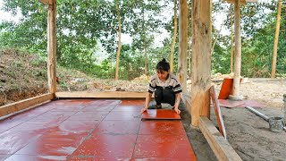 Red flower tile flooring techniques for wooden house, BUILD LOG CABIN, Ana's Building Farm