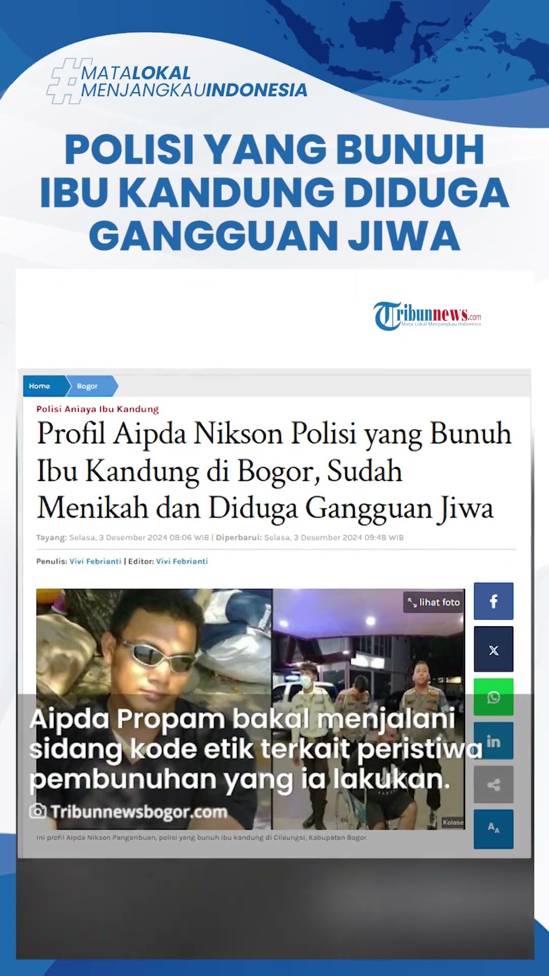 Sosok Polisi di Bogor yang Bunuh Ibu Kandung Pakai Tabung Gas,  Diduga Alami Gangguan Jiwa