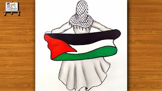 رسم سهل | تعليم رسم بنت محجبة تحمل علم فلسطين خطوه بخطوه للمبتدئين | رسم بنات