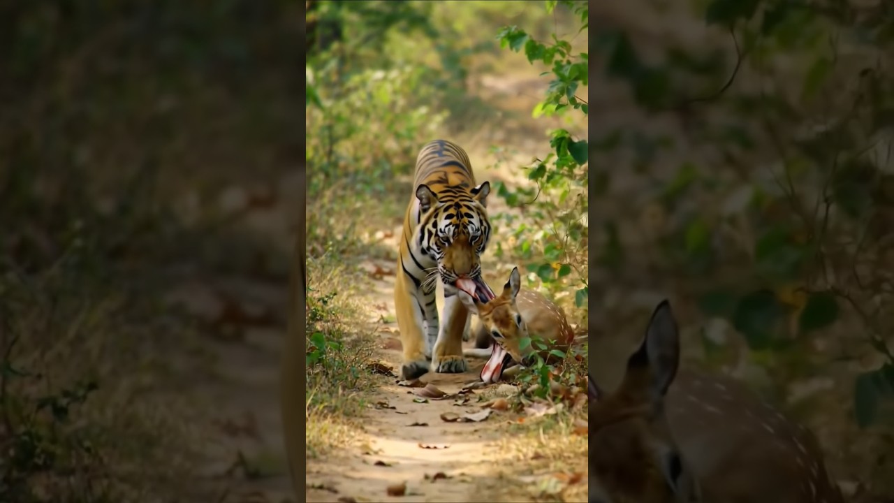 Tiger Attacks Deer on Forest Road#mobilelegends#ai #wildtv#animals#shorts#viral#backyard#tiger #yts