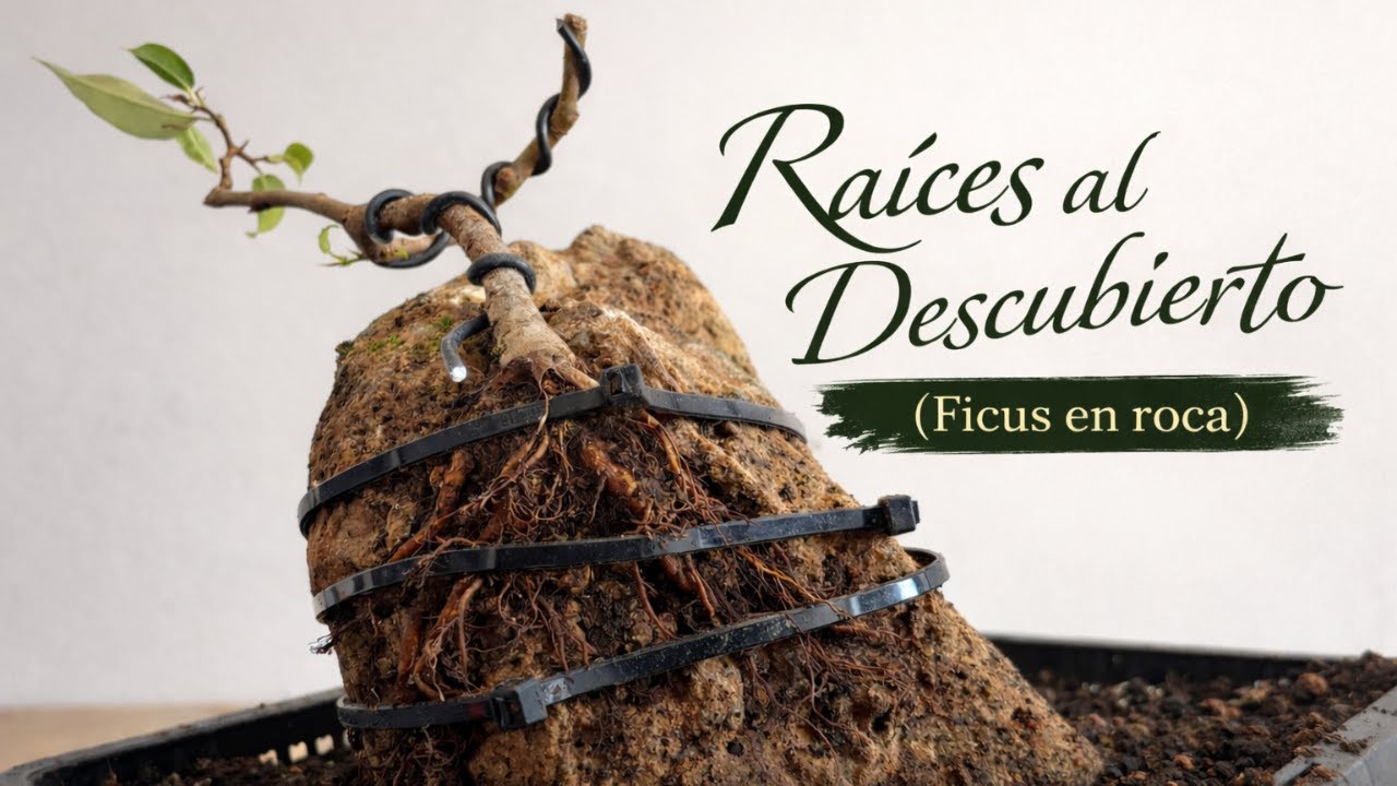 Trabajando las raíces de un Ficus Benjamina en roca | Limpieza, colocación y revisión