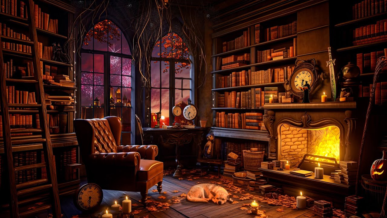 Disney+ Old Library Halloween Ambience | Crackling Fireplace, Crickets, Book Sound on Study Ambience
