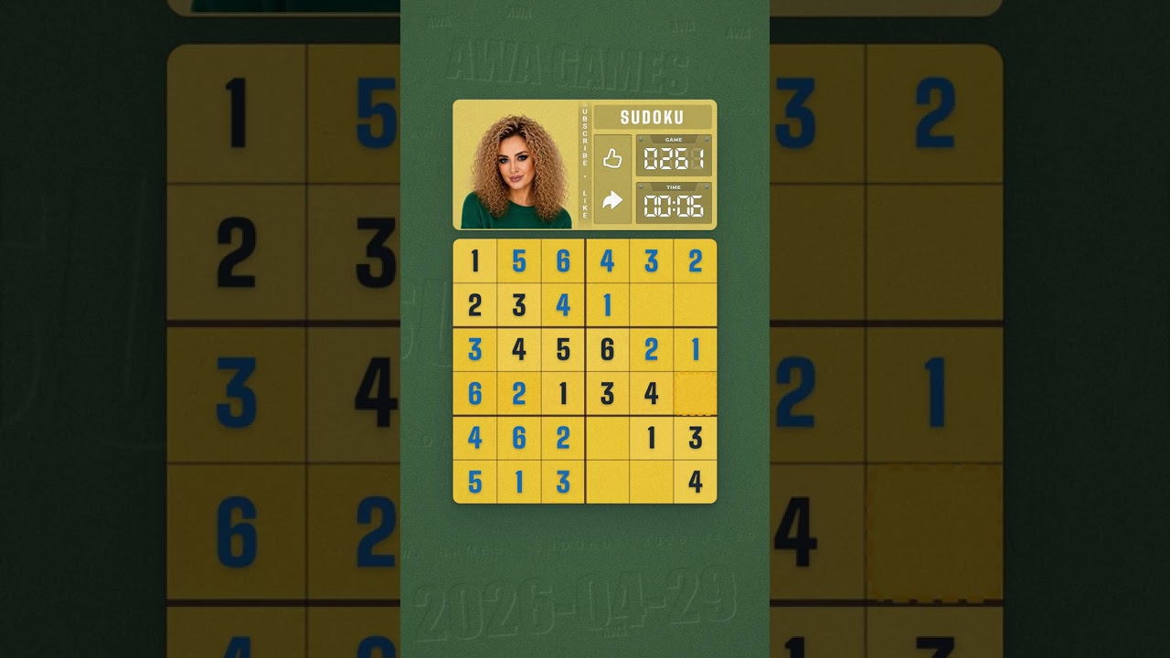 LinkedIn Mini Sudoku #261 solved board for April 29, 2026, 6x6 grid