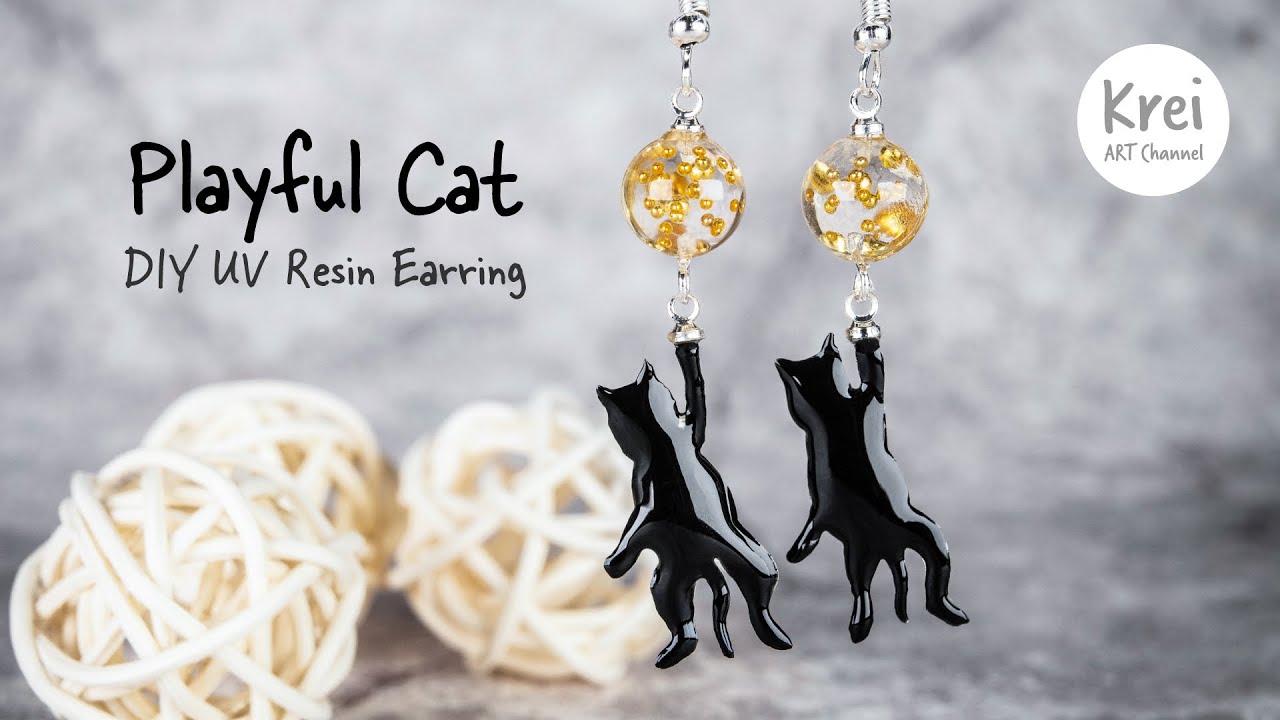 UV レジン】UV Resin - DIY hand drawn a playful cat Earring. DIY 