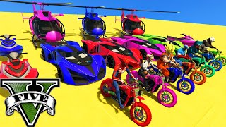 GTA V Spiderman Mega Ramp Boats, Cars, Motorcycle With Trevor and Friends Epic Stunt Map Challenge