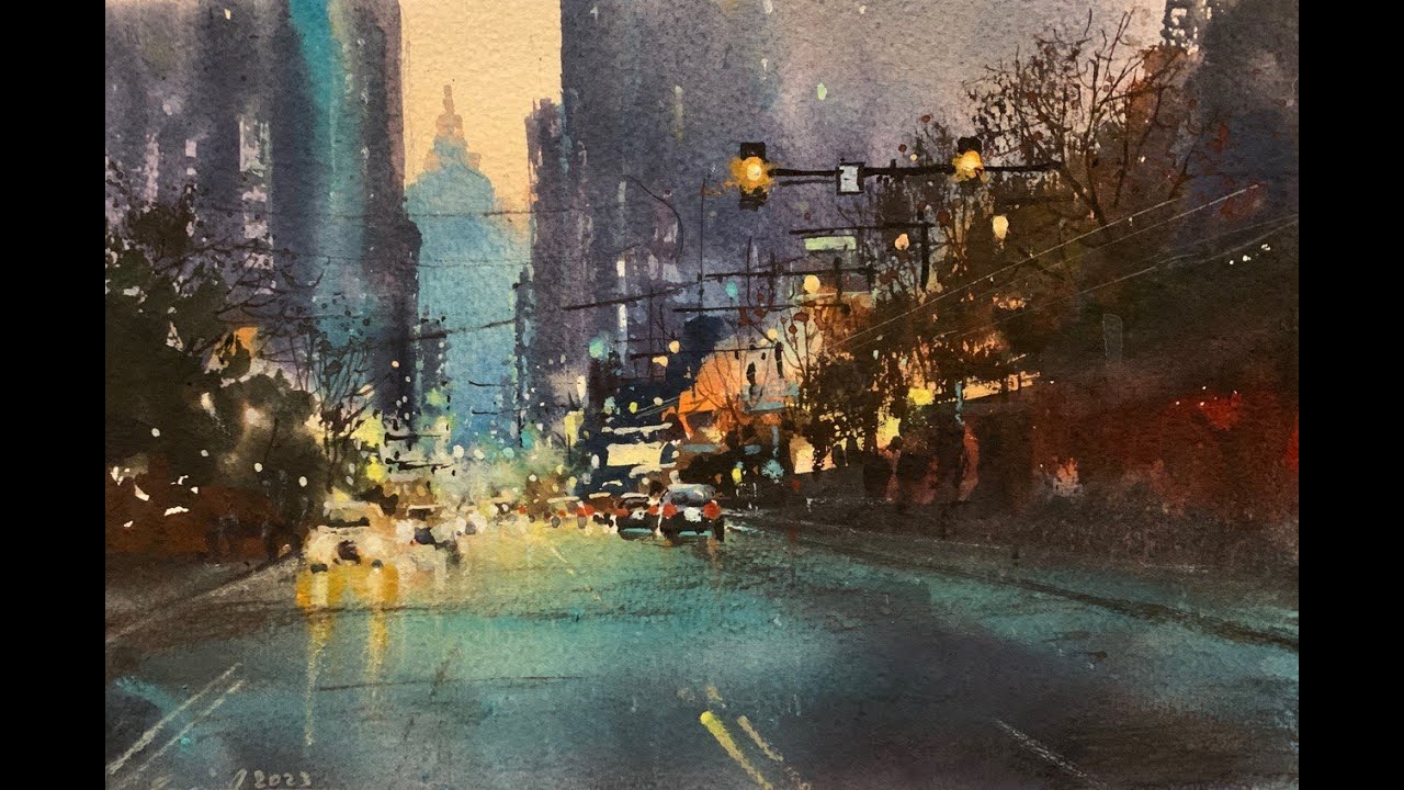 Watercolor painting cityscape at night - YouTube