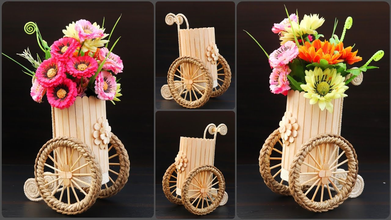 Cycle Pattern Flower vase craft ideas | Handmade Flower Pot making with jute and ice-cream sticks