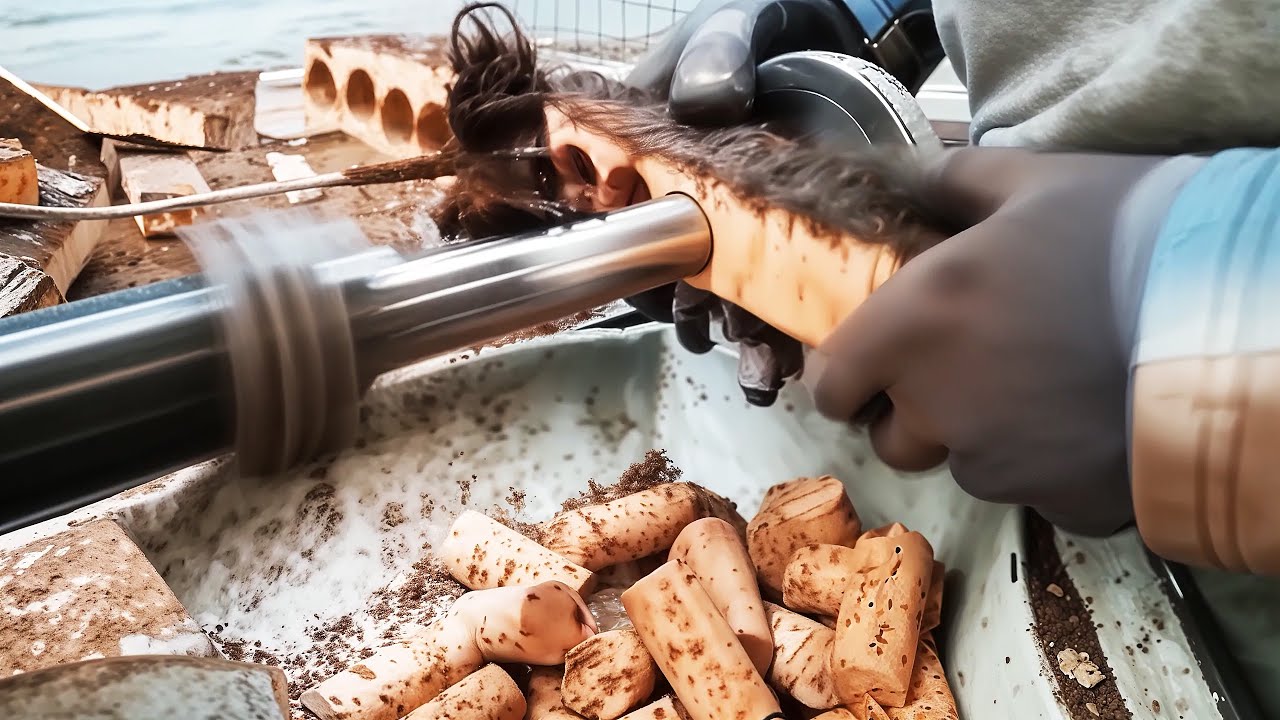 Cork processing process in factory. Collection of tons of cork raw