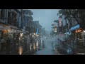 People sharing umbrellas on a rainy Vietnam sidewalk