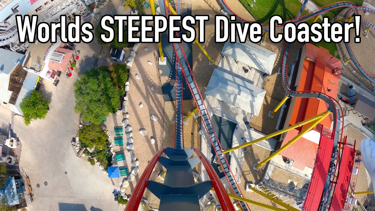 Dr. Diabolical's Cliffhanger Front Row POV Six Flags Fiesta Texas B&M Dive Coaster