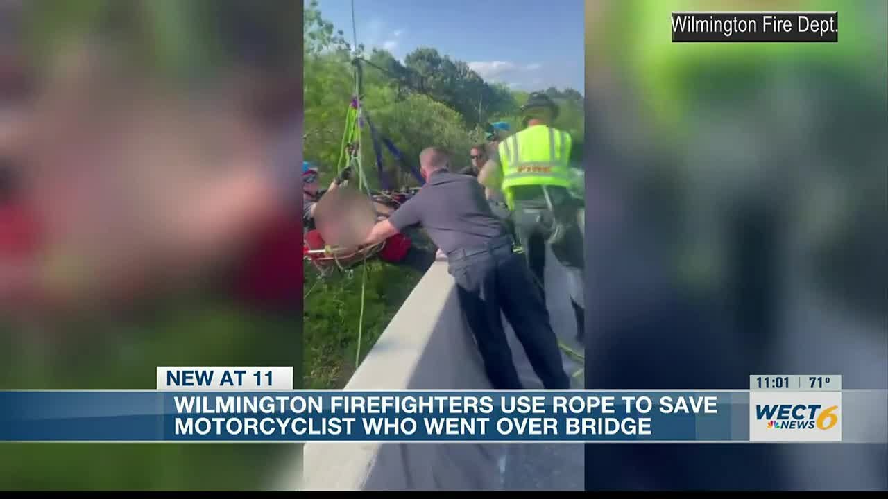 Wilmington fire crews rescue motorcyclist who fell off bridge - YouTube