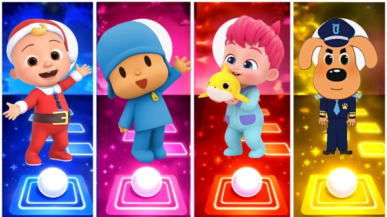 Cocomelon vs Pocoyo 5 vs Bebefinn vs Sheriff labrador.Tiles hope edm rush game. 