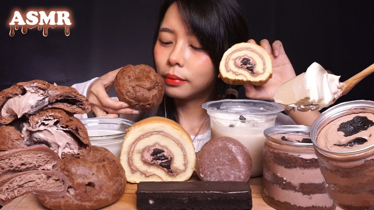 ASMR Convenience Store CHOCOLATE DESSERTS (Cakes, Cream Puff, Brownies, Pudding) | Eating Sounds