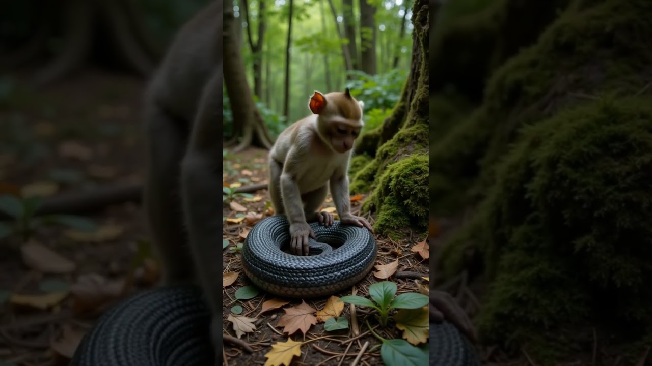 Monkey Plays With Black Snake in Forest — Risky Wild Moment Caught! 