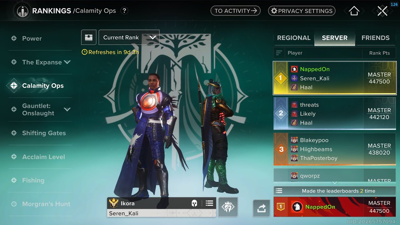 Destiny Rising Calamity Ops Fulminator RANK #1 447,500 NA NING POV