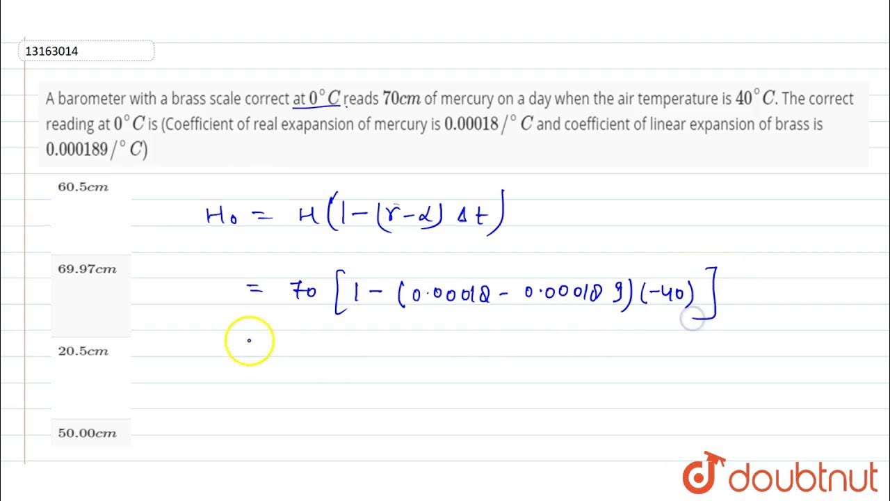 A barometer with a brass scale correct at `0^()C` reads `70 cm` of