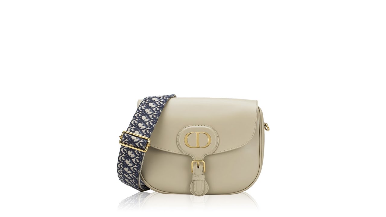 Large Dior Bobby Bag Beige Grained Calfskin with Blue Dior Oblique  Embroidered Shoulder Strap