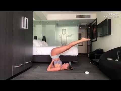 Rachael Finch completes a yoga session inside her hotel room